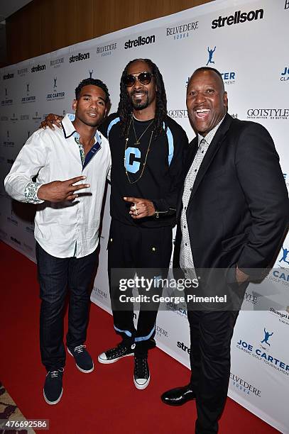 Christopher Samdeo, Snoop Dogg and Joe Carter attend Joe Carter Classic Celebrity Golf Tournament after party at Shangri-La Hotel on June 10, 2015 in...