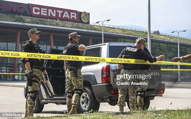 Bosnian security cordon off the area on June 11, 2015 prior to the UEFA Euro 2016 qualifying football match between Bosnia and Herzegovina and Israel...