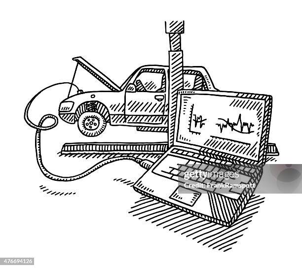 car repair service with connected computer drawing - car sketch stock illustrations