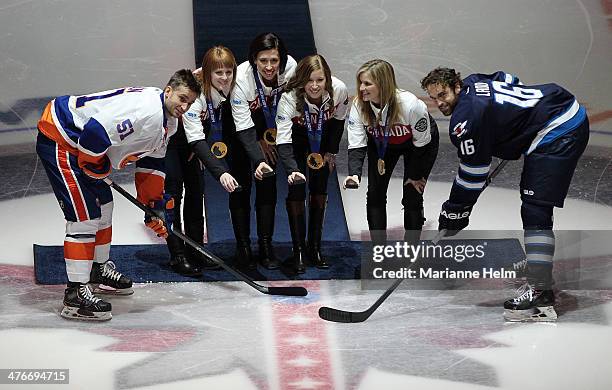 Frans Nielsen of the New York Islanders, Canadian Olympic women's gold medal curling team members Dawn McEwen, Jill Officer, Kaitlyn Lawes and...