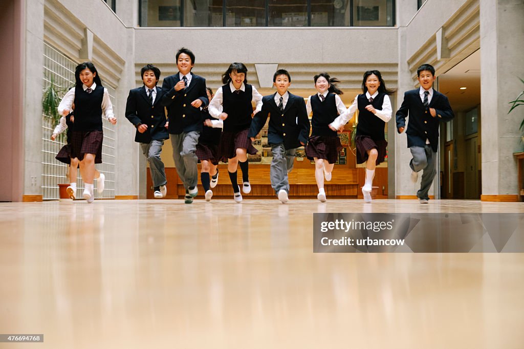 Japanese high school children, ten teenage children run, school hall