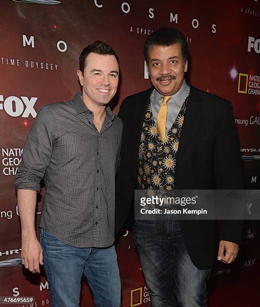 Executive Producer Seth MacFarlane and host Neil deGrasse Tyson attend the premiere of Fox's "Cosmos: A SpaceTime Odyssey" at The Greek Theatre on...