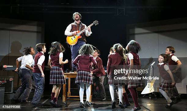 Alex Brightman and The Kid Band perfomr during a press preview performance of 'School of Rock - The Musical' at The Gramercy Theatre on June 11, 2015...