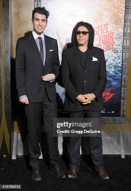 Musician Gene Simmons and son Nick Simmons arrive at the "300: Rise Of An Empire" Los Angeles premiere at TCL Chinese Theatre on March 4, 2014 in...