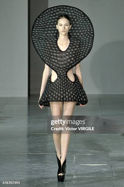 Model walks the runway during the Iris Van Herpen show as part of the Paris Fashion Week Womenswear Fall/Winter 2014-2015 on March 4, 2014 in Paris,...