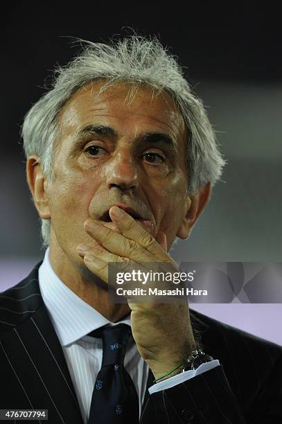 Vahid Halilhodzic,coach of Japan looks on after the international friendly match between Japan and Iraq at Nissan Stadium on June 11, 2015 in...