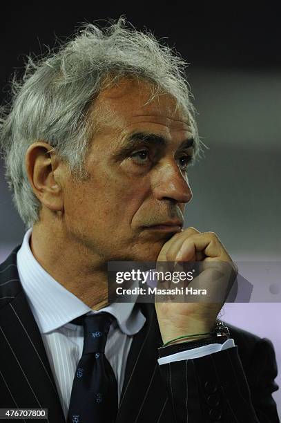 Vahid Halilhodzic,coach of Japan looks on after the international friendly match between Japan and Iraq at Nissan Stadium on June 11, 2015 in...