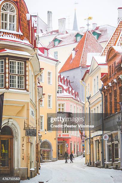 snowfall in old town. - tallinn stock pictures, royalty-free photos & images