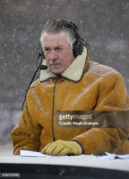 Network host Barry Melrose looks on during the 2014 NHL Stadium Series game at Soldier Field on March 1, 2014 in Chicago, Illinois.
