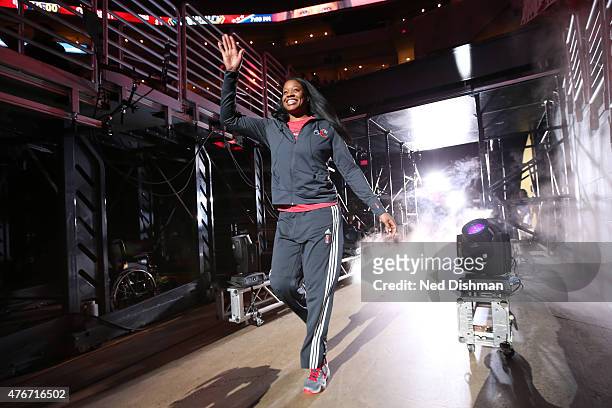 Kia Vaughn of the Washington Mystics gets introduced before a game against the New York Liberty on June 6, 2015 at the Verizon Center in Washington,...