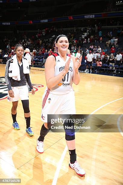 Stefanie Dolson of the Washington Mystics celebrates during a game against the New York Liberty on June 6, 2015 at the Verizon Center in Washington,...