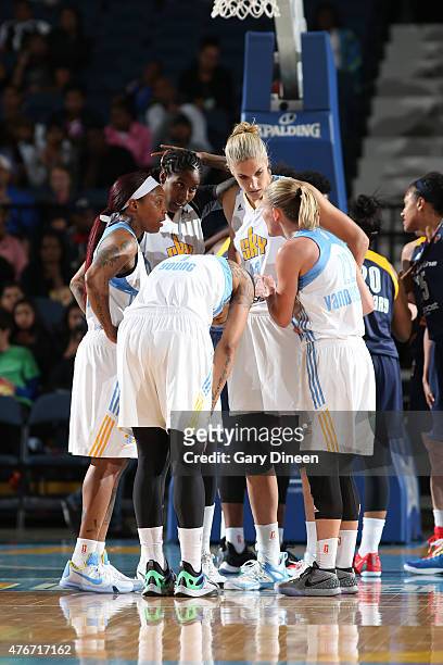 The Chicago Sky huddle during a game against the Indiana Fever on June 5, 2015 at Allstate Arena in Rosemont, Illinois. NOTE TO USER: User expressly...