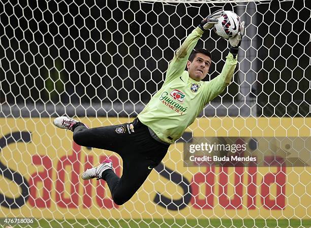 Goalkeeper Marcelo Grohe of Brazil in action during a training session at Hotel Vila Ventura on June 11, 2015 in Viamao, Brazil.