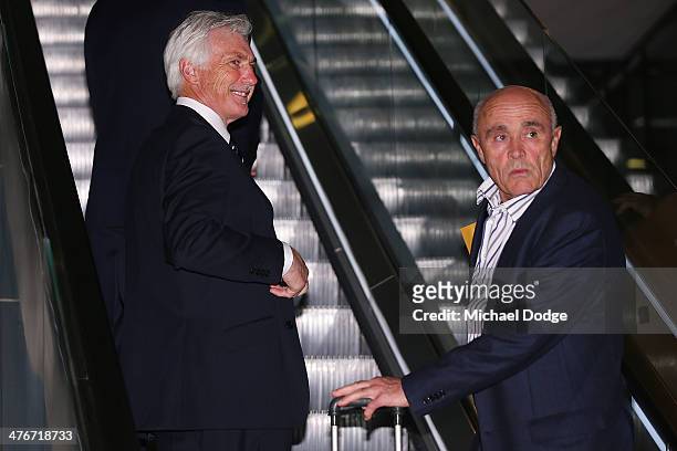 Blues coach Mick Malthouse and Bombers President Paul Little arrive during the 2014 AFL Season Launch at Adelaide Oval on March 5, 2014 in Adelaide,...