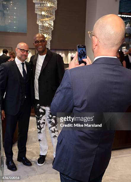 Dylan Jones, Stanley Tucci and Samuel L Jackson attend One For The Boys Dinner At Asprey New Bond St, launching A Month Of Fundraising Events To...