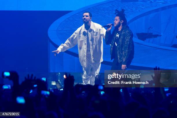 Canadian Rapper Aubrey Drake Graham aka Drake and Abel Tesfaye aka The Weeknd perform live during a concert at the O2 World on February 27, 2014 in...