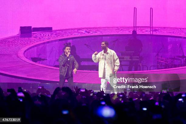 Canadian Rapper Abel Tesfaye aka The Weeknd and Aubrey Drake Graham aka Drake perform live during a concert at the O2 World on February 27, 2014 in...