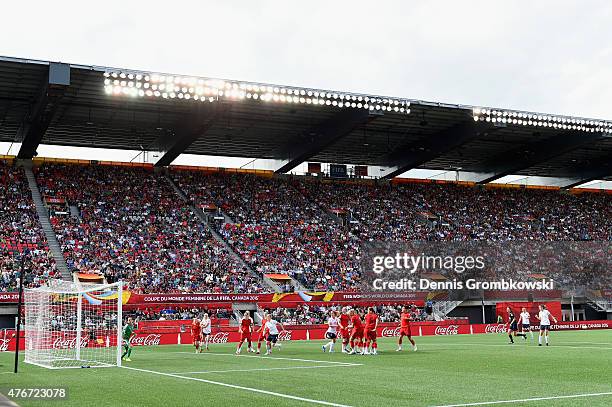 Maren Mjelde of Norway scores their first goal during the FIFA Women's World Cup Canada 2015 Group B match between Germany and Norway at Lansdowne...