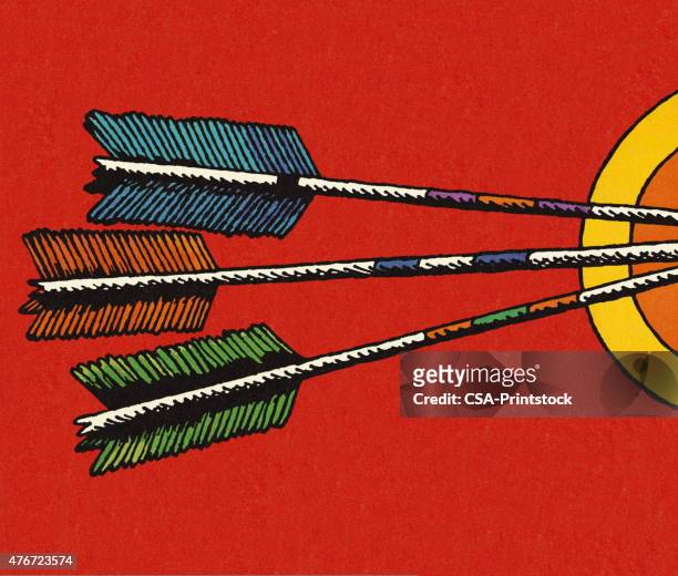 three arrows in a target - bow and arrow stock illustrations