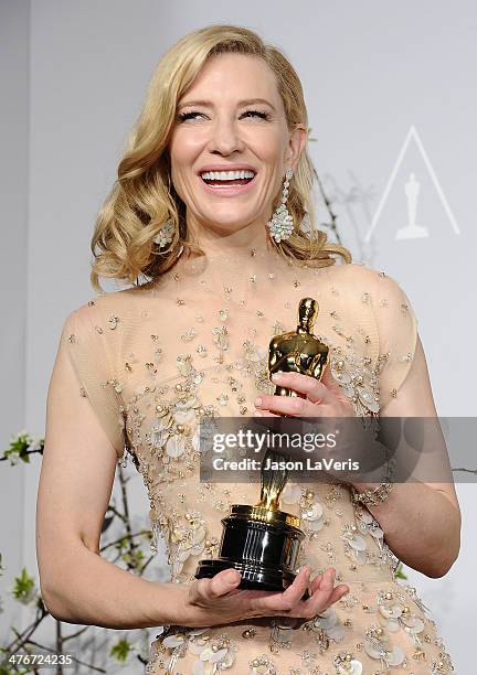 Actress Cate Blanchett poses in the press room at the 86th annual Academy Awards at Dolby Theatre on March 2, 2014 in Hollywood, California.