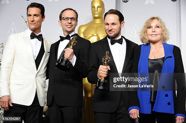 Actor Matthew McConaughey, Filmmakers Laurent Witz and Alexandre Espigares actress Kim Novak pose in the press room at the 86th annual Academy Awards...