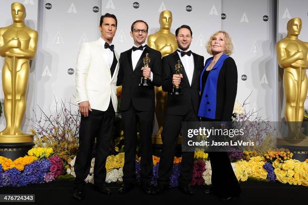 Actor Matthew McConaughey, Filmmakers Laurent Witz and Alexandre Espigares actress Kim Novak pose in the press room at the 86th annual Academy Awards...