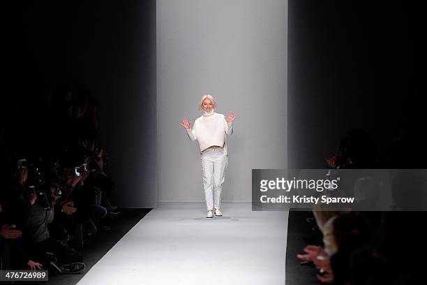 Vanessa Bruno acknowledges the audience during the Vanessa Bruno show as part of Paris Fashion Week Womenswear Fall/Winter 2014-2015 on February 28,...