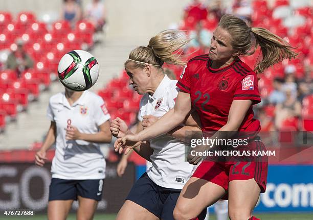 Norway's Elise Thorsnes and Germany's Tabea Kemme fight for the ball during a Group B match at the 2015 FIFA Women's World Cup at Lansdowne Stadium...