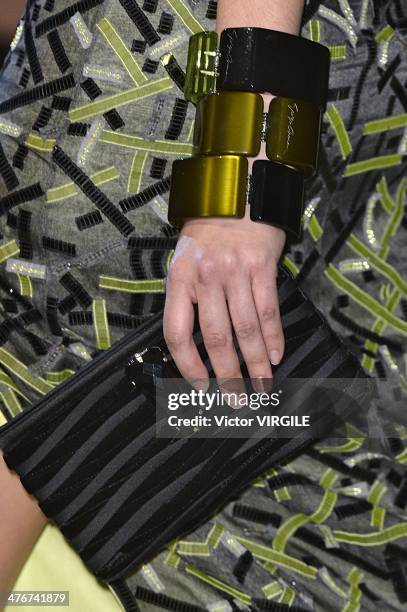 Model walks the runway during the Giorgio Armani as a part of Milan Fashion Week Womenswear Autumn/Winter 2014 on February 24, 2014 in Milan, Italy.