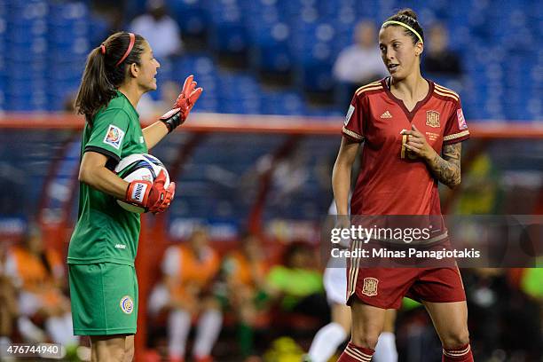 Goalkeeper Dinnia Diaz of Costa Rica has a few words with Jennifer Hermoso of Spain during the 2015 FIFA Women's World Cup Group E match at Olympic...