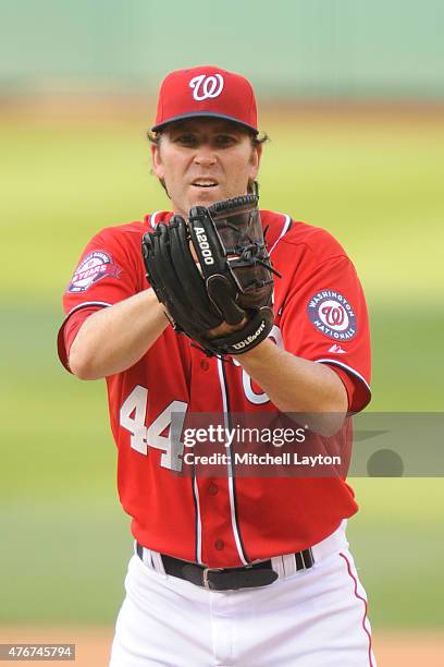 Casey Janssen of the Washington Nationals during a baseball game against the Chicago Cubs at Nationals Park on June 7, 2015 in Washington, DC. The...