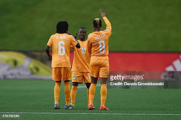 Ange Nguessan of Cote D'Ivoire celebrates as she scores the opening goal during the FIFA Women's World Cup Canada 2015 Group B match between Cote...