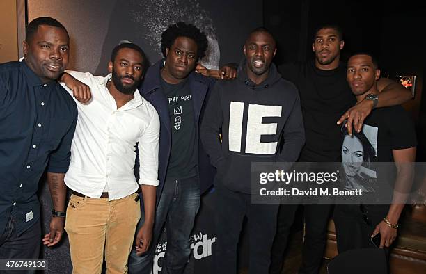 Oronde Garrett, Ashley Thomas, Jeymes Samuels, Idris Elba, Anthony Joshua and James Mulley attend the official Idris Elba + Superdry presentation at...