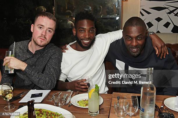 Maverick Sabre, Tinie Tempah and Idris Elba attend the official Idris Elba + Superdry presentation at LCM at Hix on June 11, 2015 in London, England.