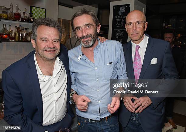 Mark Hix, Superdry Co-Founder Julian Dunkerton and Dylan Jones attend the official Idris Elba + Superdry presentation at LCM at Hix on June 11, 2015...