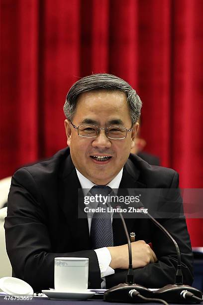 Guangdong Communist Party Secretary Hu Chunhua speech during the Guangdong delegation's group meeting during the annual National People's Congress on...