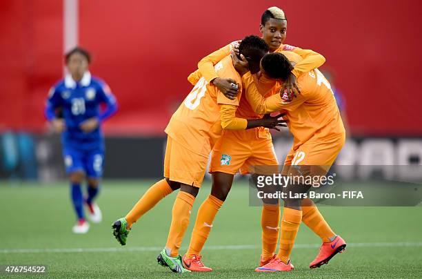 Ange Nguessan of Cote D'Ivoire celebrates after scoring her teams first goal during the FIFA Women's World Cup 2015 Group B match between Cote...