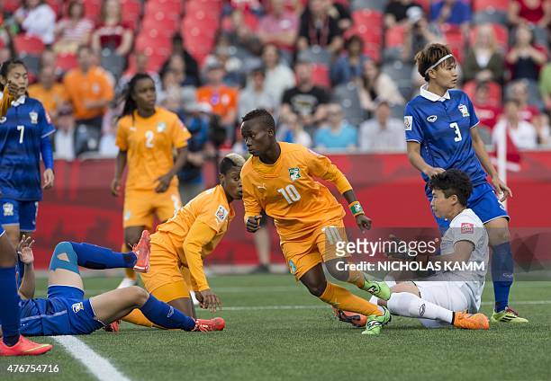 Ivory Coast's Ange Nguessan celebrates after scoring against Thailand during a Group B match at the 2015 FIFA Women's World Cup at Lansdowne Stadium...