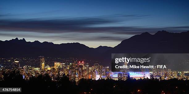 View of the Vancouver skyline with BC Place Stadium prominent during the FIFA Women's World Cup 2015 on June 10, 2015 in Vancouver, Canada.