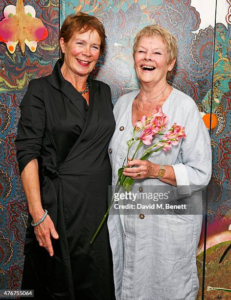 Celia Imrie poses with Dame Judi Dench following an 'In Conversation' with Sir Richard Eyre at The Hospital Club as part of the Mountview Academy's...