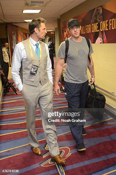 Broadcaster Brent Barry and Luke Walton assistant coach of the Golden State Warriors arrives before the game against the Cleveland Cavaliers in Game...