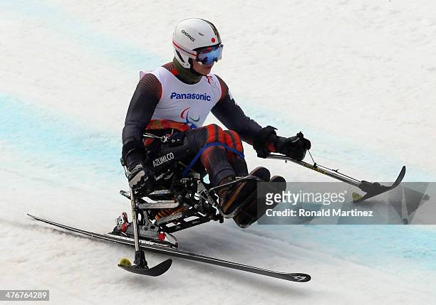 Kenji Natsume of Japan trains in the Men's Downhill Sitting Ski event at Rosa Khutor Alpine Center on March 5, 2014 ahead of the 2014 Paralympic...