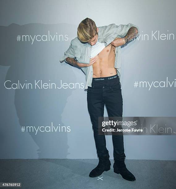 Justin Bieber poses on the red carpet at the Calvin Klein Jeans music event with special appearance from Justin Bieber and performances by Jay Park,...
