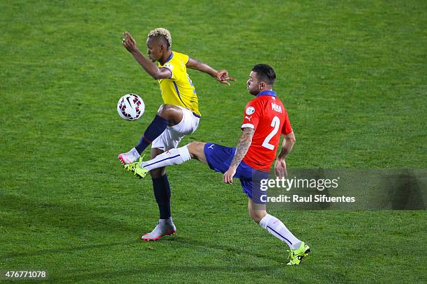 Fidel Martinez of Ecuador fights for the ball with Eugenio Mena of Chile during the 2015 Copa America Chile Group A match between Chile and Ecuador...