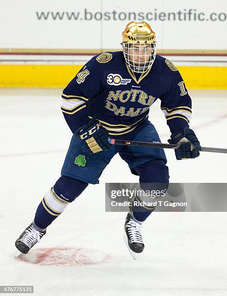 Thomas DiPauli of the Notre Dame Fighting Irish warms up before NCAA hockey action against the Boston College Eagles at Kelley Rink on March 1, 2014...