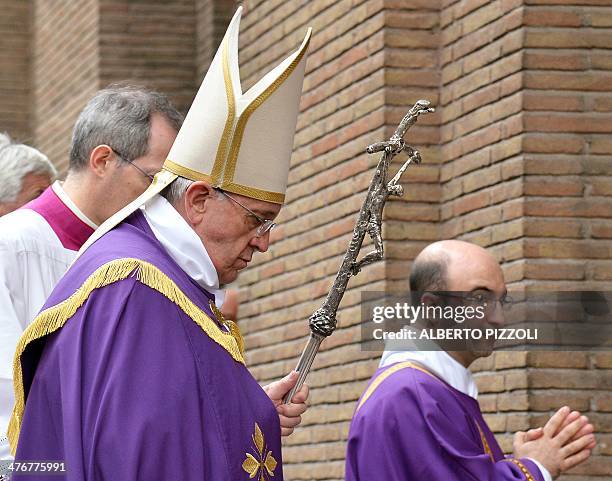 Pope Francis takes part in a procession at Santa Sabina church in Rome on March 5 prior to leading the mass for Ash Wednesday, marking the opening of...