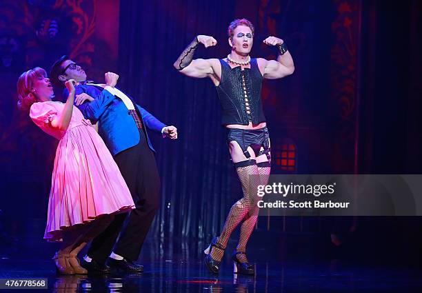 Amy Lehpamer as Janet, Stephen Mahy as Brad and Craig McLachlan as Frank N Furter perform during a "Rocky Horror Show" Media Call at the Comedy...