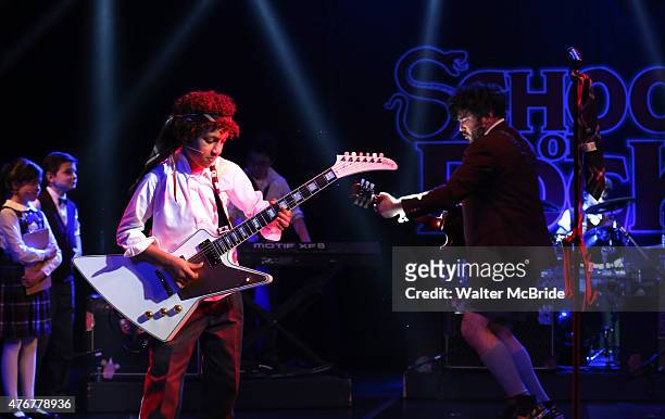 Alex Brightman and The Kid Band during a press preview performance of 'School of Rock - The Musical' at The Gramercy Theatre on June 11, 2015 in New...