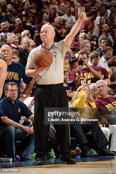 Referee Joe Crawford officiates his 50th NBA Finals game during Game Four of the 2015 NBA Finals at The Quicken Loans Arena on June 11, 2015 in...