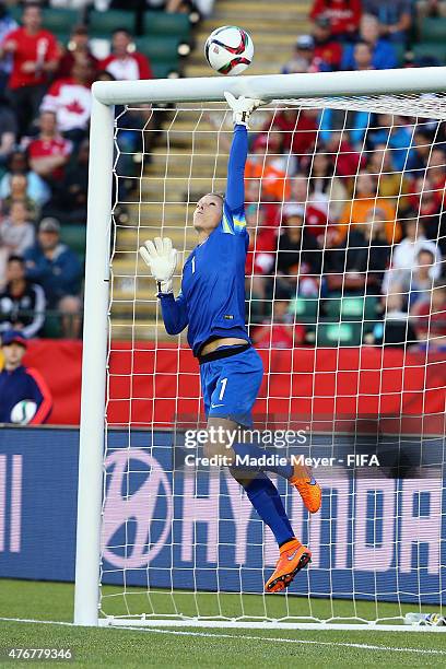 Shot by Sophie Schmidt of Canada hits the cross bar and is saved by Erin Nayler of New Zealand during the FIFA Women's World Cup Canada 2015 Group A...